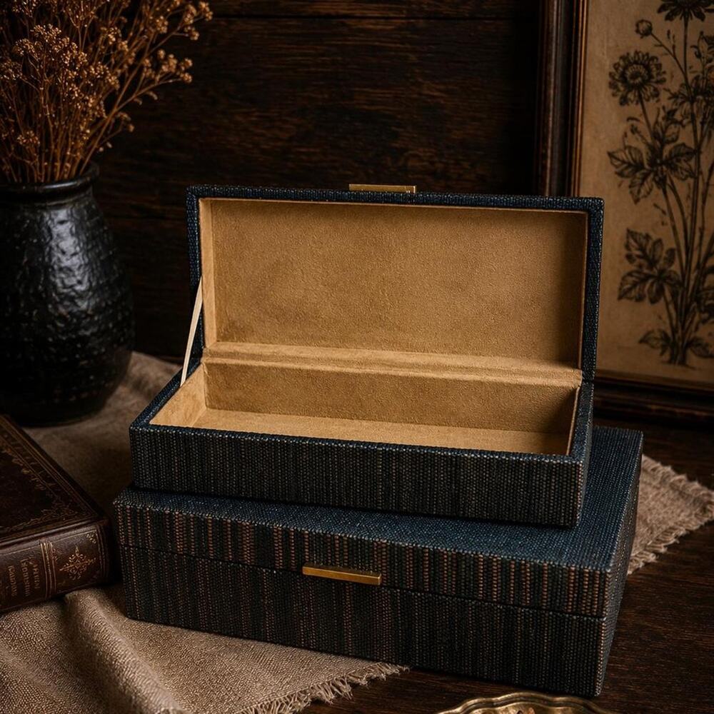 Vintage Nesting Storage Boxes Woven Brass Accent Set of 2